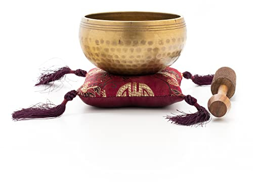 Gegossene Klangschale ca. 280g in gehämmerter antik Optik | Handarbeit aus Nepal, für Schule, Kindergarten, Yoga, inkl. Zubehör
