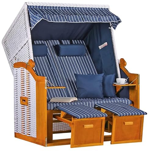 MR. DEKO® Strandkorb Ostsee Volllieger 2-Sitzer Royal Blau Weiß | Polyrattan Gartenmöbel | Verstellbarer Rückenlehne | Bequeme Polster & Fußablagen | Wetterfest & UV-beständig | 4 Kissen + Klapptisch