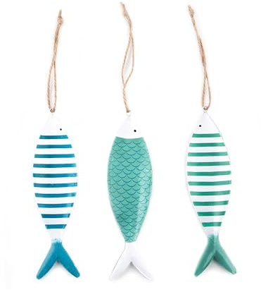 Deko-Fische zum Aufhängen, 3 Stück: Maritime Metallfische, Meeres-Dekoration Maritim, Badezimmer & Wohnzimmer, Meer, Strand, Sommer, Bad Dekoanhänger, Maritimdeko Geschenke, Baddeko, 15,5 x 4,5 cm