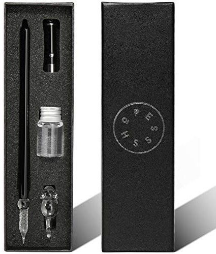 ESSSHOP Glass Dip Pen with Invisible Ink Set - UV Flashlight and Cat Pen Holder Elegant Handmade Crystal Smooth Cylindrical Calligraphy Signature Pen for Present Art Writing Drawing Gift