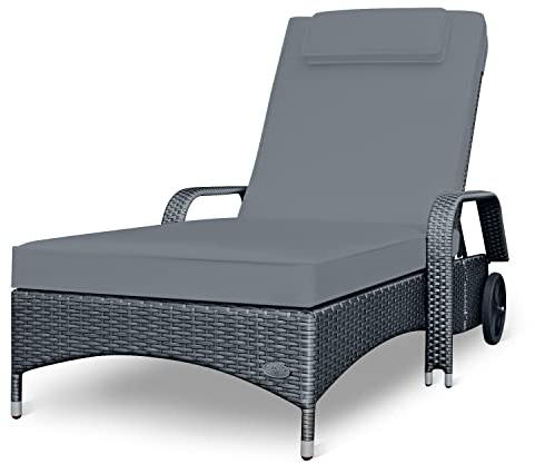 RS Trade Sonnenliege Imola Silber/Grau - Outdoor Liege mit beständigem Poly-Rattan-Geflecht - verstellbare Rückenlehne & breite Liegefläche - inkl. Kopfteil und Auflage