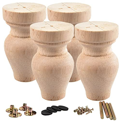 La Vane 10cm Unlackiert Handgeschnitzt Massivholz Möbelfüße 4 Stück | Naturholz Geschnitzte Für Sofa Bett Schrank Couchtisch. Inkl. Reservezubehör. Für erfahrene Heimwerker DIY-Möbelrestaurierung