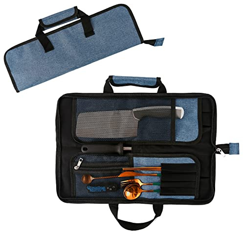 Qchengsan Chef’s Knife Roll Bag, Heavy Duty Oxford Chef Knife Bag, Portable 13 Slots Chef Knife Case, Multi-Function Cutlery Knives Pouch Holder Knife Wrap Wallet Tool Roll (Blue)