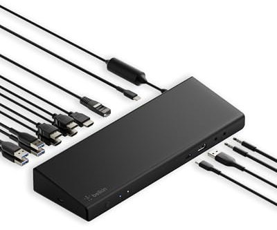 Belkin Hub de estación de Acoplamiento DisplayLink Universal de Triple Pantalla 15 en 1 con 3 Puertos HDMI, 2 Puertos DisplayPort para Pantalla Triple 4K con PD de 85 W, Gigabit Ethernet,