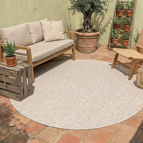 FRAAI | Home & Living In- & Outdoor Teppich Rund - Costa Beige - Ø 100 cm | Wetterfest - Synthetik, Polypropylen - Balkon, Garten / Terrasse - Terrasse teppich - Outdoor rug