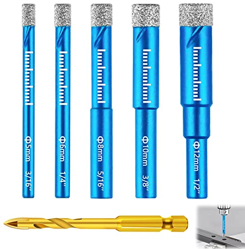 Flintronic 6PCS Foret Diamant Carrelage, 5 Foret Diamant Gres Cerame(5/6/8/10/12mm) et 1 Foret en Carbure de 6mm, Meche Carrelage pour Céramique Verre Granit Marbre Quartz