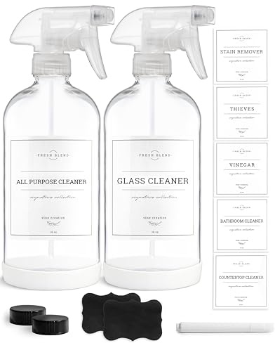 Vine Creations Glass Spray Bottles, 2 Pack Refillable Spray Bottles for Cleaning Solutions, Clear Spray Bottle for plants, Water Spray Bottle Sprayer, Glass Spray bottles 16 oz with Waterproof Labels
