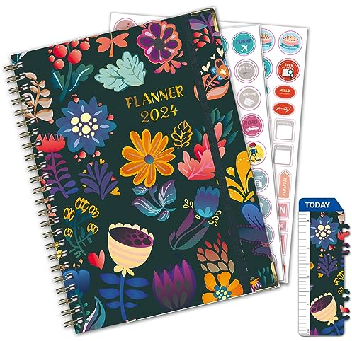 Terminplaner 2024, Kalender 2024 Buchkalender A5,Tägliche Agenda A5,Schule Agenda 2024, Geeignet für Schule, Büro und Familie, mit Aufklebern, beschichtete Tabs, Innentasche, Urlaub