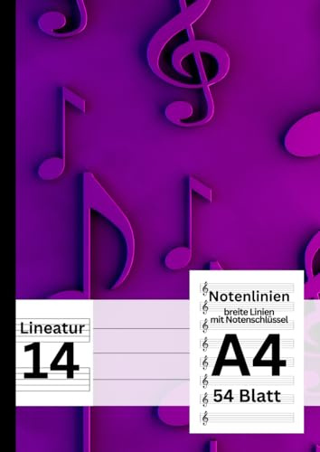 XXL Premium Notenheft: Breite Zeilen mit Notenschlüssel, Lineatur 14, A4 Format, 108 Seiten / 54 Blatt - Musikheft für Schule und Hobbymusiker | Lila Noten Print