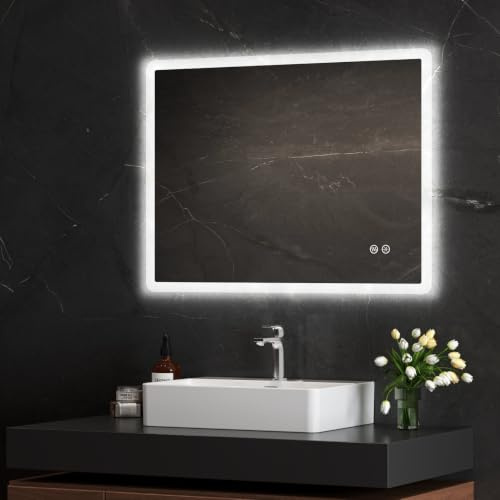 HOROW Badspiegel mit Beleuchtung 90x70 cm LED Antibeschlag | Badezimmerspiegel Rahmenloser Wandspiegel mit Touch Steuerung, dimmbare Beleuchtung 3 Lichtfarben moderne Rundecken