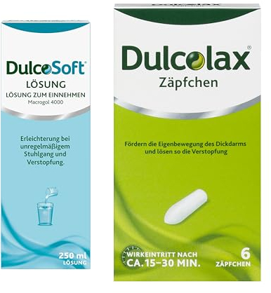 DulcoLax Zäpfchen 6 Stk + DulcoSoft Lösung 250ml Vorteilspack bei Verstopfung und hartem Stuhlgang | Abführmittel | Zäpfchen befreien schnell als Akuthilfe | DulcoSoft lindert schonend harten Stuhl