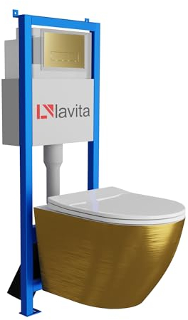 Lavita LAV 101 Vorwandelement für WC 40cm + Wand Hänge Tiefspül WC SOFI SLIM BRUSHED GOLD Spülrandlos + Bedienplatte LAV 200.3.5 Gold | Komplettset | Unterputz Spülkasten | Toilette Komplett Sett