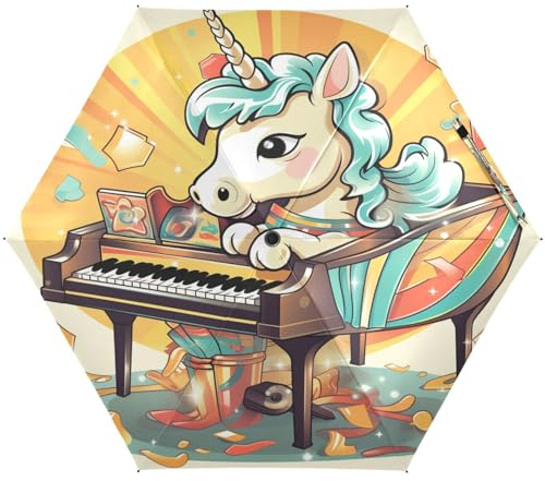 LINNIKEEEE Süßes Einhorn Klavier Kleiner Leichter Regenschirm,Winddicht Faltbar Kompakt für Jungen und Mädchen