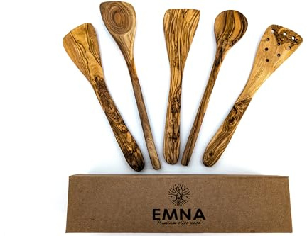 EMNA - 5-teiliges Oliven-Holz Küchen-Utensilien-Set | ca. 30 cm | Kochlöffel Für gesundheitsbewusste Köche | Sportler | Geschenk-Box | Antibakteriell | Geschenke-Idee | Weihnachten | Geburtstag | Frau