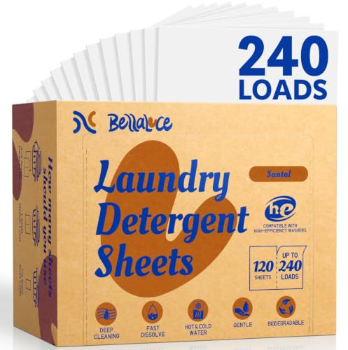 BellaLuce Lessive en Feuilles Bois de Santal, 120 Feuilles, 240 Lavages | 120 feuilles pour 240 lavages, parfum bois de santal, nettoyage puissant, emballage sans plastique