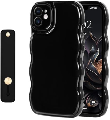 NITITOP Compatible with iPhone 11 Case Cute Wave Frame-Black | for Women Girls, Kickstand Wavy Curly Design, with Wrist Adjustable Hand Strap，Soft Protective Cover, Full Camera Protection