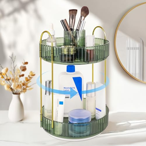 SOLVIEW Make Up Organizer, Kosmetik Makeup Organizers Kosmetik 360° Drehbar, Skincare Schminktisch Organizer Aufbewahrung 2 Ebenen für chminktisch, Schlafzimmer, Küche, Bathroom, Dunkelgrün