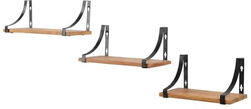 iAnanas Rustikale Wandregale Set aus 3 Holz mit Schwarz Metallhalterungen Massivholz Wandmontierte Wandtafeln Dekorativ Modernes Aussehen für Badezimmer Schlafzimmer Wohnzimmer Küche Balkon Büro