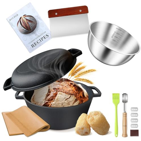BOVZOR 5-Quart Bread Oven,Cast Iron Bread Oven For Bread Baking，Roast，Simmer, Braise & Pan Fry，9 Inch Proofing Basket Supplies With Stainless Steel Mixing Bowl，Parchment Etc