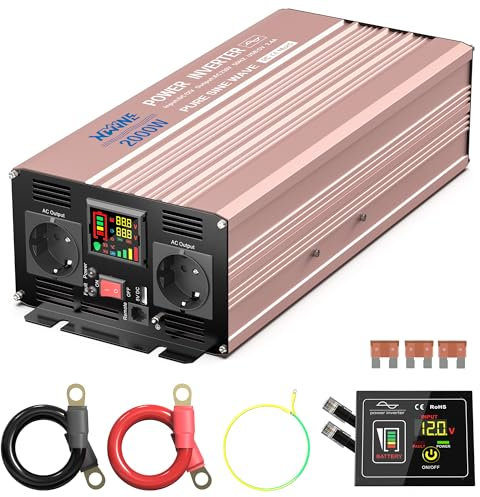 XWJNE 2000W Wechselrichter 12V auf 230V Reiner Sinus, Spannungswandler mit 2 EU Steckdosen und 1 USB Anschluss, Stromwandler für Auto, Laden von Handys, Laptops und Anderen Geräten