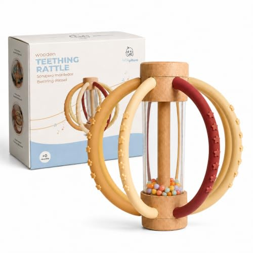 Beißring Baby, Rassel, Greifling, Montessori Silikonspielzeug, Bebé Pituso | Zahnungshilfe für Babys, leicht zu greifen, mit strukturiertem Silikon, Holz, sanfter Rassel, Sensorik und sicherem Design
