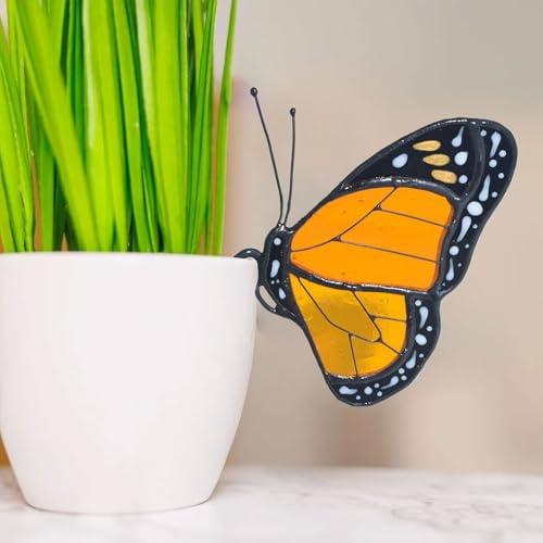 Cute Stained Glass Butterfly Monarch Suncatcher for Pot Plant Decoration,Gift for Women Light Catcher Sun Room Decor Village Style
