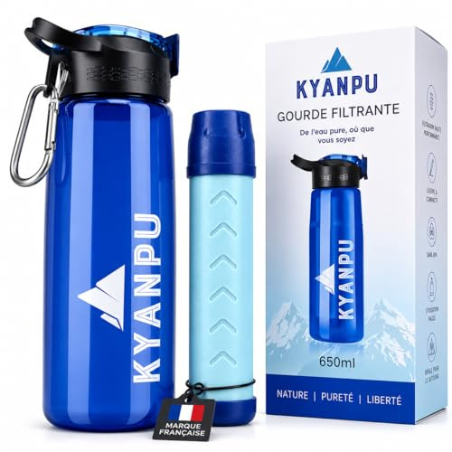 KYANPU Gourde Filtrante 650ml MEMBRANE 0,01 MICRON - Élimine 99,999% Bactéries, Parasites, Microplastiques | Filtre Charbon Actif | Boussole Intégrée Bouchon 360° Anti-Fuite | Randonnée Camping Survie