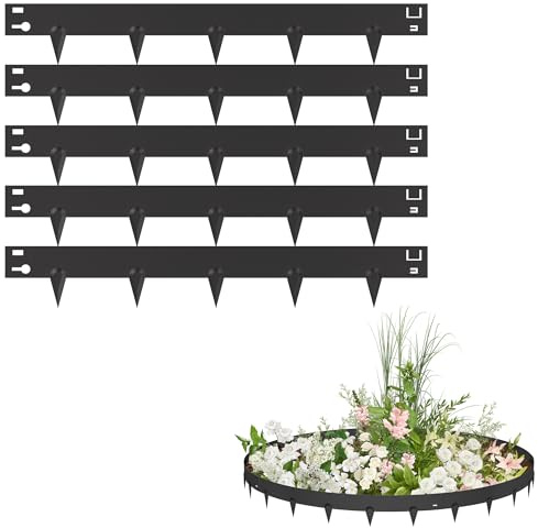 PEILU Rasenkanten 16cm Hoch Verzinkt Stahl Beeteinfassung Garten Beetumrandung mit Spikes 5 Stück 106cm Mähkante Wurzelsperre Palisaden Metall Rasenkantenband für Wege, Rasenflächen (Schwarz)