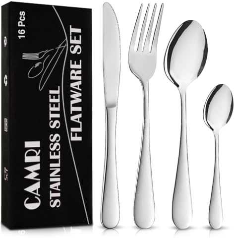 CAMRI Cutlery Set – 16 Piece Flatware Set Stainless Steel, Silverware Tableware Set, Knife Fork Spoon Set for 4 People, Dishwasher Safe/Easy to Clean (Mirror Polished)