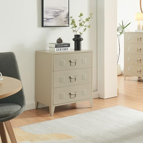 [en.casa] Kommode Hämeenlinna Metallschrank mit 3 Schubladen Mehrzweckschrank Stahl Wohnzimmer Büro Industrial Aktenschrank 60 x 40 x 72 cm Kamelfarben