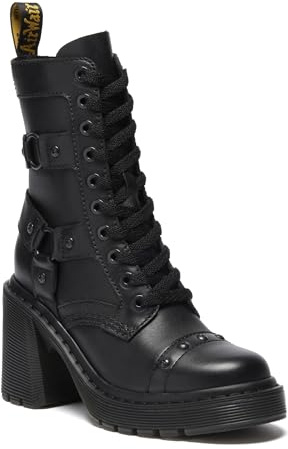 Dr. Martens Women's Chesney Harness Flare Heel Leather Boots, Black Sendal, 7 UK, 9 Women US