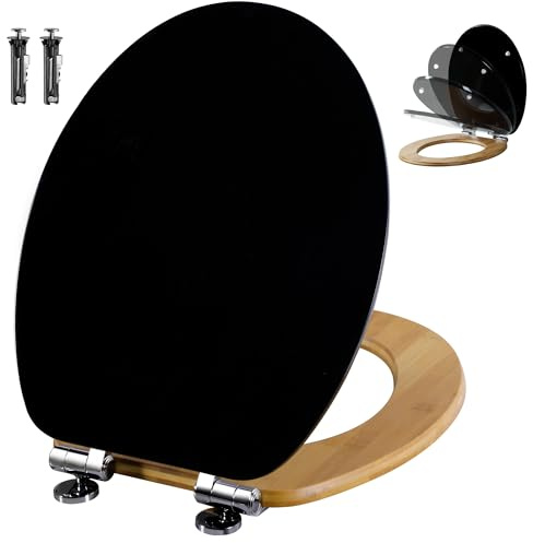 Angel Shield WC-Sitz mit Absenkautomatik, Verstellbare Metallscharniere, zu Reinigen, O-Förmig, 45x37cm, Bambus Holz-Toilettensitze(Schwarzer Hochglanz-Lack & Bambus)