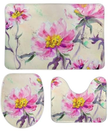 Badgarnitur 3 Teilig Rosa Pfingstrosenblüten im modernen Stil Mikrofaser U-Form Toilettenmatte Saugfähige WC Matte für WC Dusche