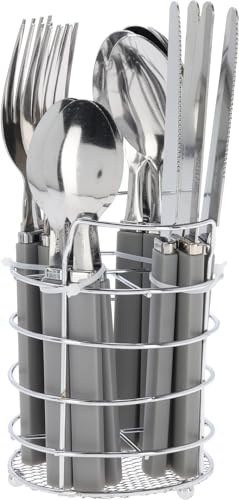 Envenzo Stainless Steel Cutlery Set with Holder 17Pcs – Fork Spoon Teaspoon Knife Tableware Set – 18/0 Steel with PP Handle – Grey/White/Black (Grey)