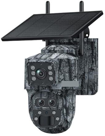 KVBRUI Caméra Solaire 4G 12MP, Zoom x15, Trois objectifs, Vue à 360°, Panneau Solaire 5 W, caméra IP PTZ de sécurité extérieure, 7800 mAh, Vision Nocturne(12MP 4G 15X 128GB)