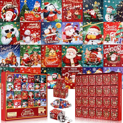 Tatxmalv Calendrier de l'Avent 2025,Puzzle du calendrier du puzzle de Noël,24 boîtes de puzzle comptent jusqu'à Noël,Avec 1008 cadeaux de Noël,Convient aux adultes, aux enfants, aux garçons (B)