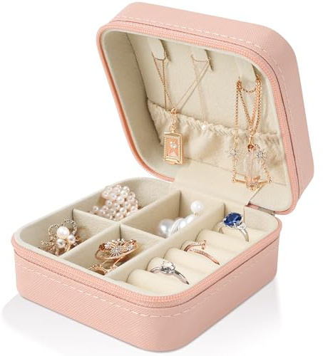 Small Travel Jewellery Case Organizer, Mini Earring Boxes Organiser PU Leather Bracelet Case Holder for Women Wife Girls Birthday Wedding, Pink