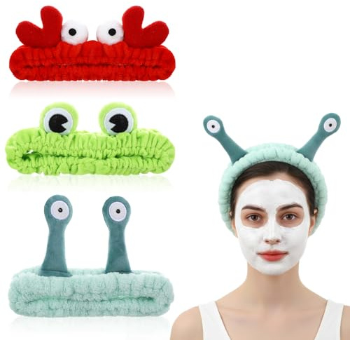 3 Stück Haarband Kosmetik Tiere, Gesicht Waschen Stirnband, Make-up Stirnband, Schnecke Frosch Krabbe Haarband, Lustige Gesichts-Stirnbänder für Abschminken, Duschen, Hautpflege, Schönheit
