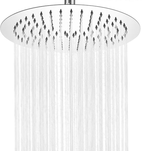 Alcachofa de Ducha Grande Anticalcáreo y Alta Presión - Redondo 12 Pulgadas con Boquillas de Silicona Autolimpiantes - Ducha de Lluvia en Acero Inoxidable, Fija a Pared para Baño Moderno - Cromado