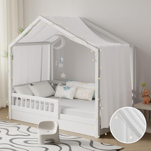 Pacok Cama de casa con dosel con cadena de luces, 1 unidad, dosel decorativo, cortina para cama de casa, muselina, dosel de tela, cama para niñas y niños, 135 x 420 cm, color blanco