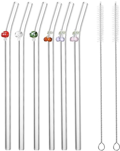 Toyvian Juego de 6 Pajitas de Vidrio Reutilizables Curvas con Diseño de Hongos y Transparentes Incluye 2 Cepillos Limpiadores para Bebidas Frías y Calientes Uso Color Color Aleatorio