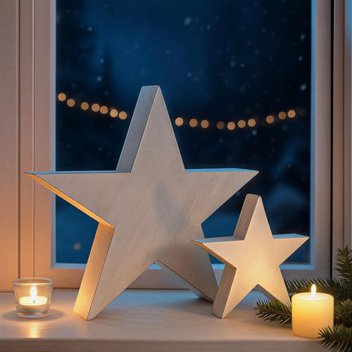 Dekoleidenschaft 2X Dekofigur Stern Shabby aus Holz, weiß, Ø 20 + 35 cm, Weihnachtsdeko Holzstern, Winterdeko