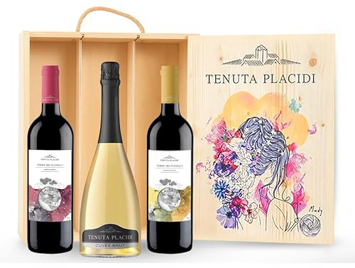 Speciale Italia Cofanetto Degustazione Vini Umbri d’Eccellenza - Terre dei Fianelli Grechetto, Merlot e Cuvée Brut Tenuta Placidi - Box Regalo Vino Made in Italy con Confezione in Legno Decorata
