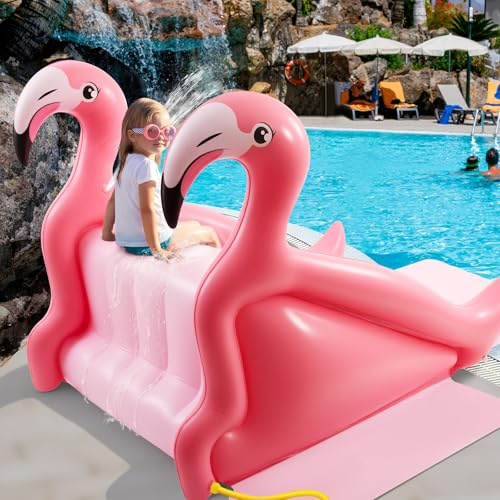 Seenelling 98 Inch Giant Inflatable Flamingo Pool Slide, Extra Large Inflatable Water Slide, Fun Outdoor Water Play Summer Swimming Pool Play Center Parties for Adults
