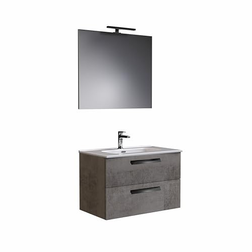Mobile bagno TEIA1 80cm Doppio Cassetto con lavabo, specchio e lampada CEMENTO CHIARO – MaMa Store