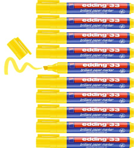 edding 33 Brillant-Papiermarker - gelb - 10 Permanent Marker wasserfest - Keilspitze 1-5 mm - leuchtende Farben - lichtbeständige Markierung auf Papier, Karton, Kunststoff, Metall oder Glas