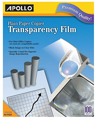 Apollo Transparency Film for Plain Paper Copier, Black on Clear Sheet, Without Stripe, 100 Sheets/Pack (VPP100CE)