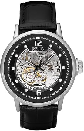 RELIC by Fossil Men's Damon Silver Stainless Steel and Black Leather Band Automatic Watch (Model: ZR77224)