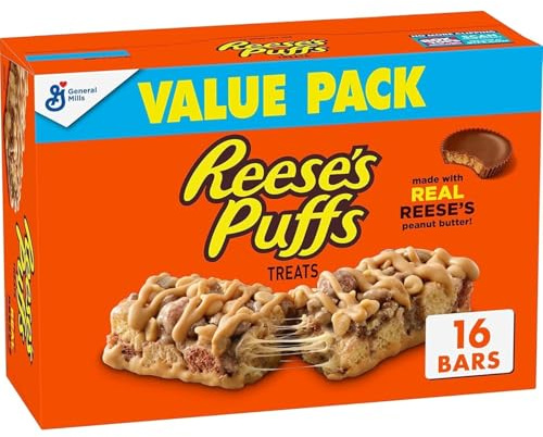 REESE'S Puffs Cereal Treat Bars, Peanut Butter and Cocoa, Snack Bars, Value Pack, 16 Ct, 13.6 oz