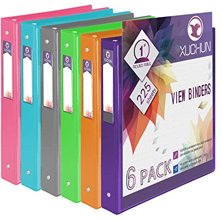 XUCHUN 3 Ring Binders 1 Inch,Clear View Binder with 2 Pockets, Holds 225 Sheets 8.5x11 Inches Paper, Customizable Cover & Spine, Large Capacity Binders for Office, School, Home, Business 6 Pack